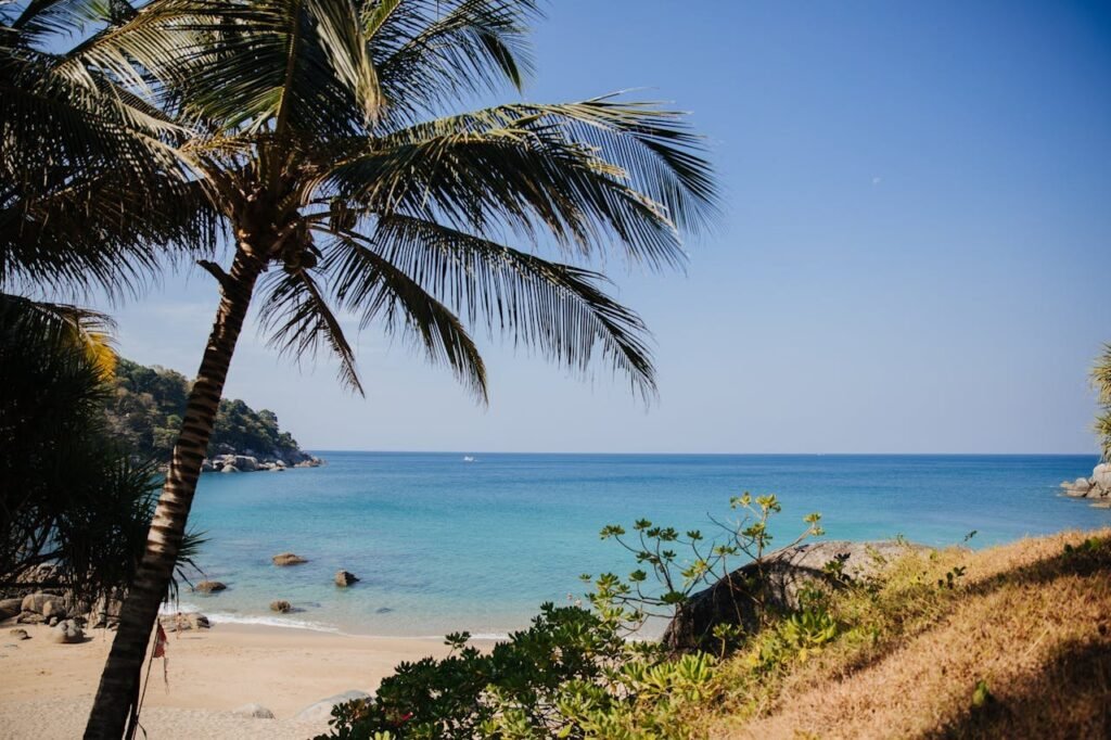 Quiet beach with gentle waves and palm trees at Kata Noi Beach in Phuket, Thailand
